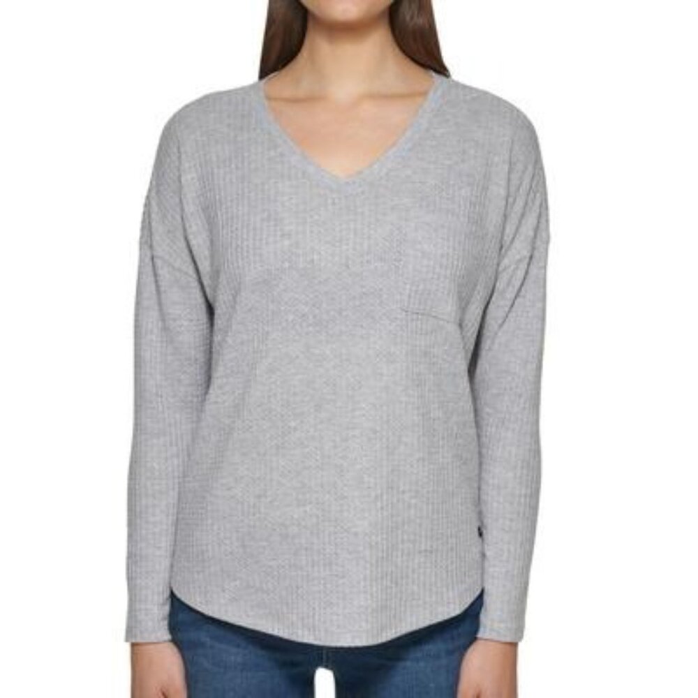 Calvin Klein Women's V-Neck Honeycomb Waffle Knit Top Gray L